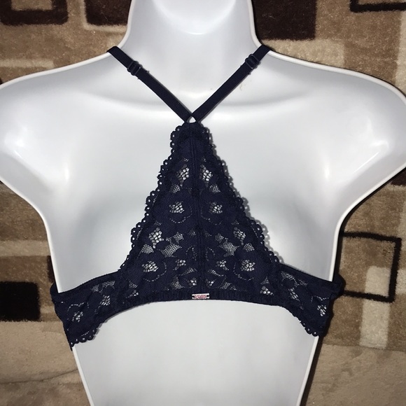 Pink Victoria’s Secret dark blue lace padded push up bra front closure 34B 💕 - Picture 4 of 6